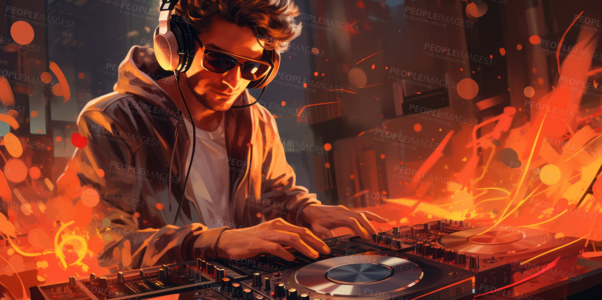 Buy stock photo Illustration, music and dj working at a night event for celebration, new year party or summer festival season. Light rays, crowd and group of people dancing and listening to trance, edm or house song