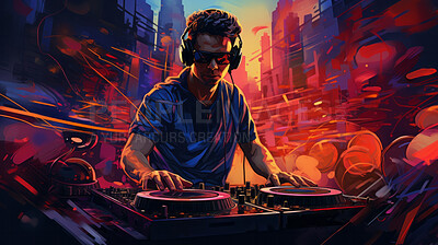 Illustration, music and dj working at a night event for celebration, new year party or summer festival season. Light rays, crowd and group of people dancing and listening to trance, edm or house song