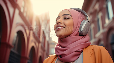 Muslim, woman and listening to music in city for entertainment, podcast and meditation. Beautiful, confident and happy student with fashion style, headphones and inspiration radio song on urban walk