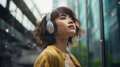 Young, woman and listening to music in city for entertainment, podcast and meditation. Beautiful, confident and happy student with fashion style, headphones and inspiration radio song on urban walk