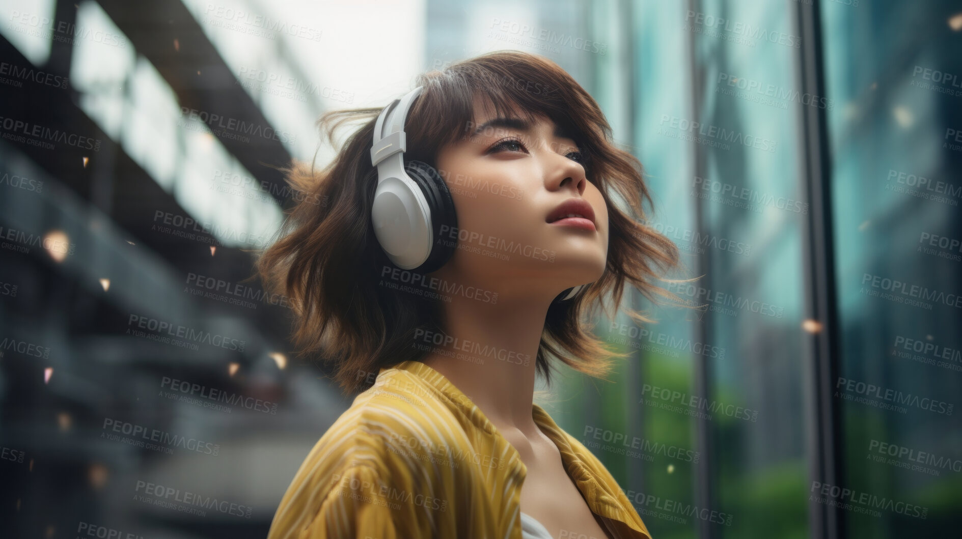 Buy stock photo Young, woman and listening to music in city for entertainment, podcast and meditation. Beautiful, confident and happy student with fashion style, headphones and inspiration radio song on urban walk