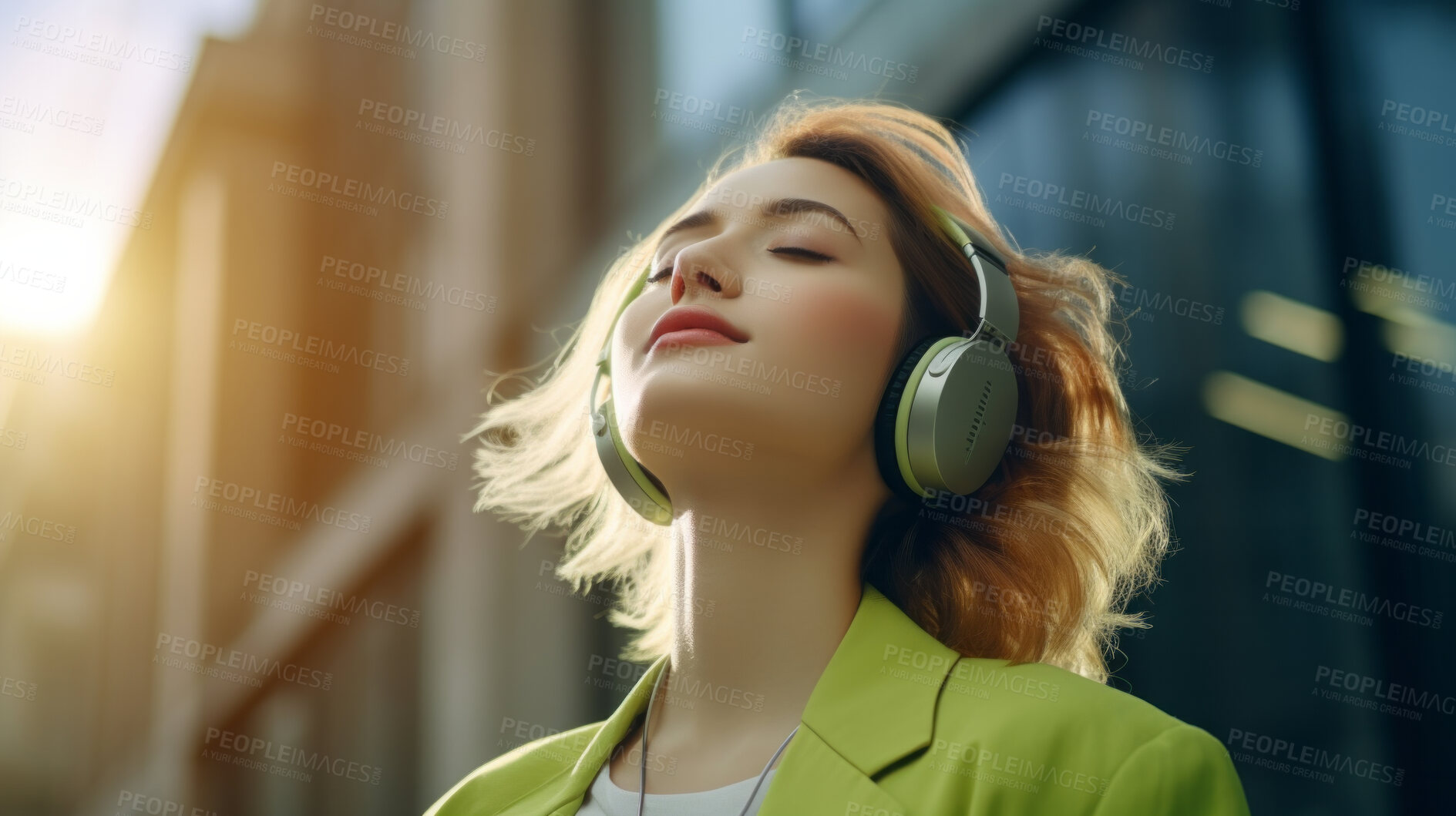 Buy stock photo Young, woman and listening to music in city for entertainment, podcast and meditation. Beautiful, confident and happy student with fashion style, headphones and inspiration radio song on urban walk