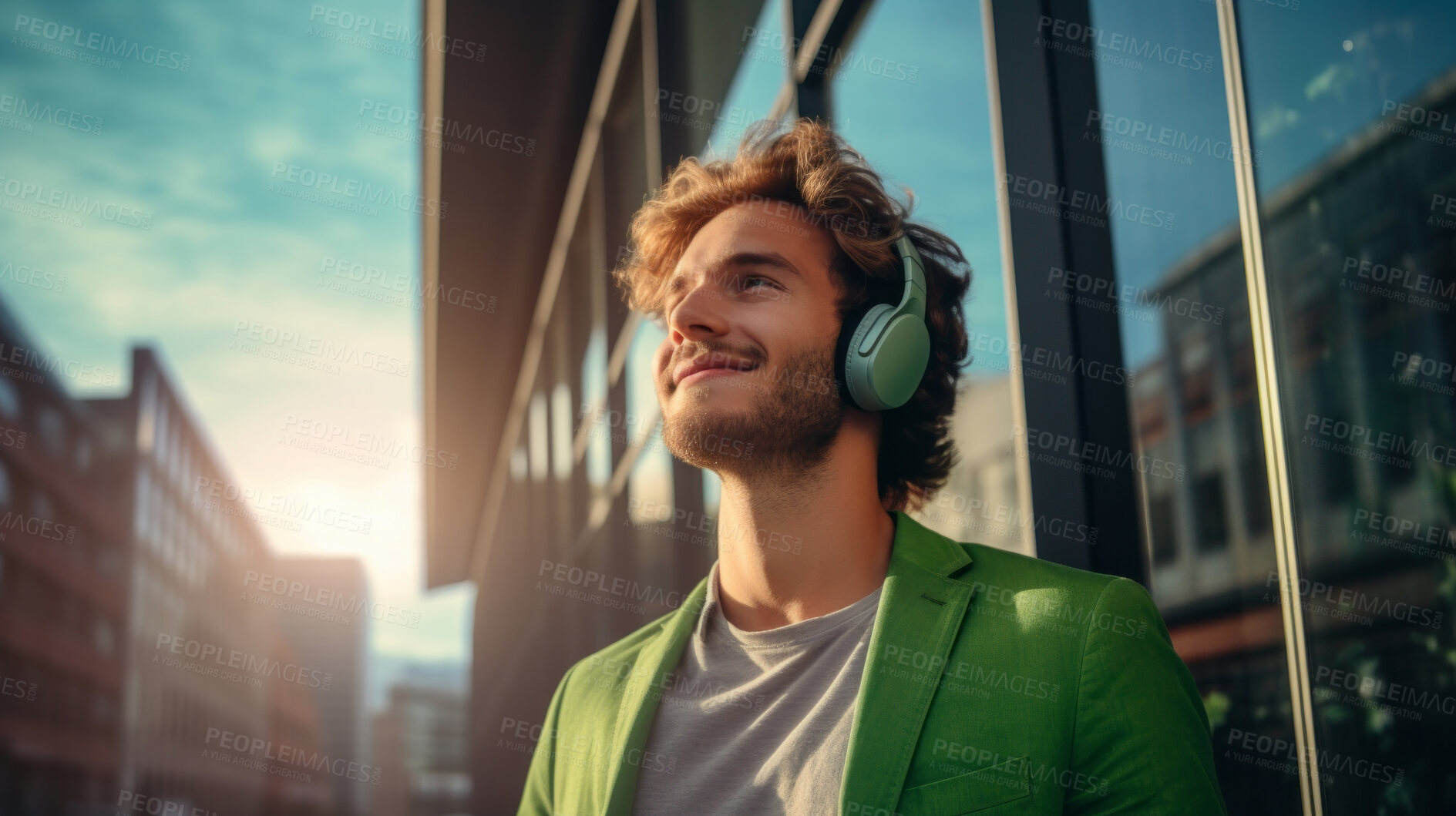 Buy stock photo Young, man and listening to music in city for entertainment, podcast and meditation. Handsome, confident and happy male student with fashion style, headphones and inspiration radio song on urban walk