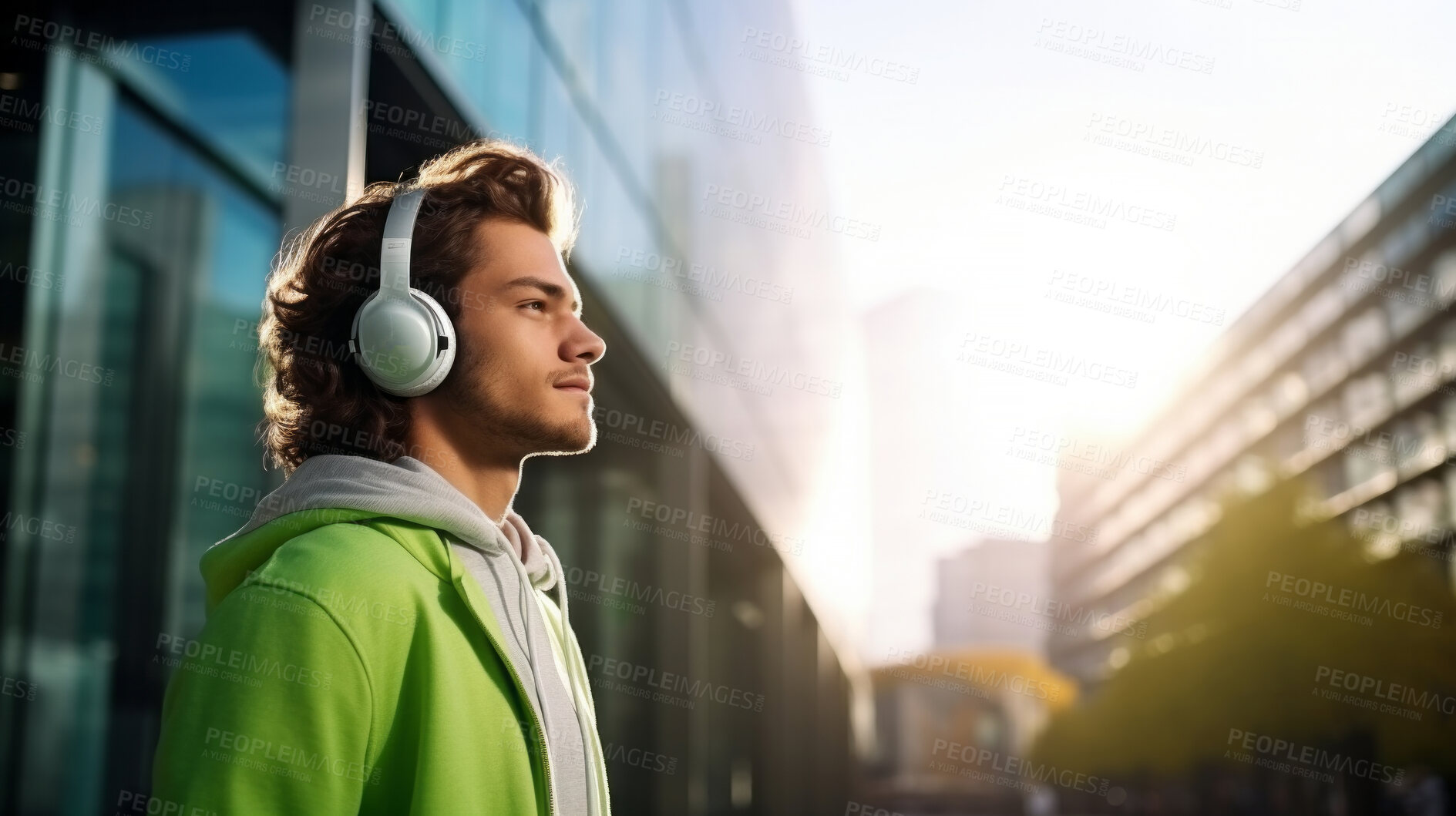 Buy stock photo Young, man and listening to music in city for entertainment, podcast and meditation. Handsome, confident and happy male student with fashion style, headphones and inspiration radio song on urban walk