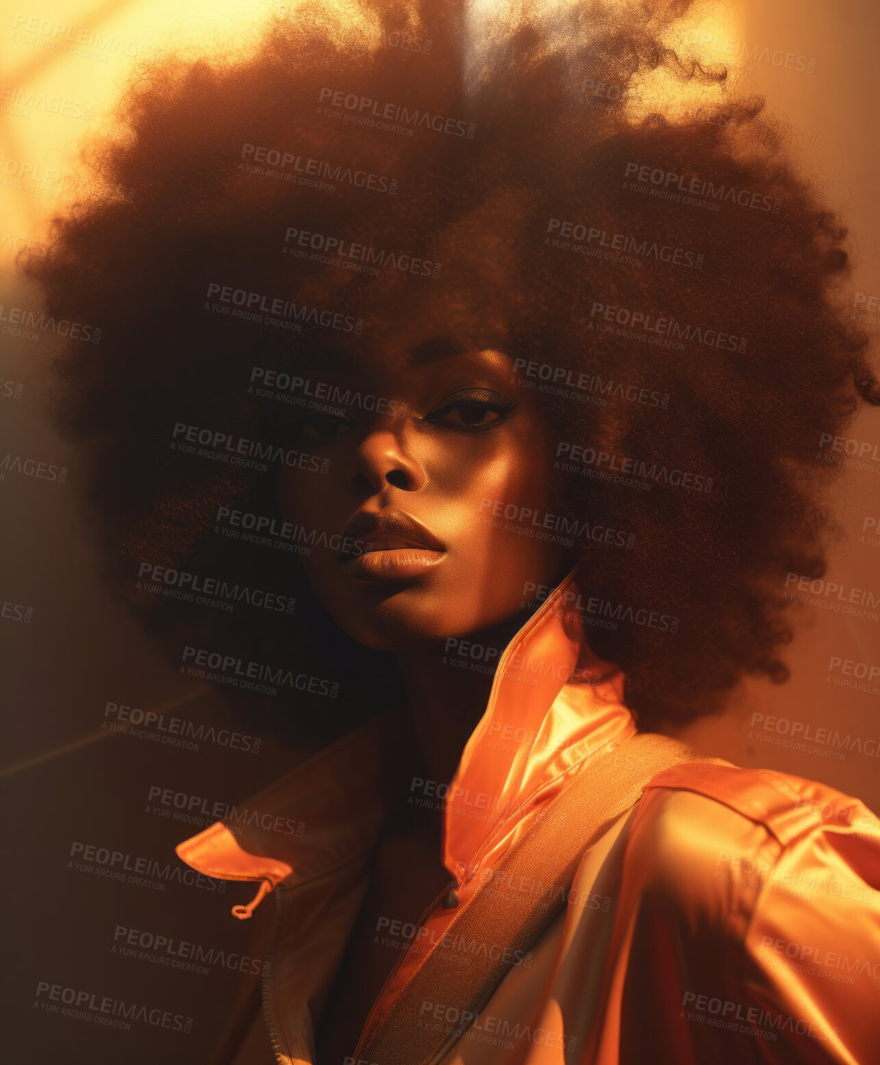 Buy stock photo Black woman, musician and portrait of a jazz or soul music singer in a photography studio. Afro, African or confident female with curly hair for beauty, disco or 70's style fashion for background