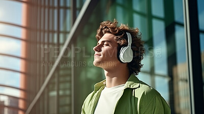 Young, man and listening to music in city for entertainment, podcast and meditation. Handsome, confident and happy male student with fashion style, headphones and inspiration radio song on urban walk