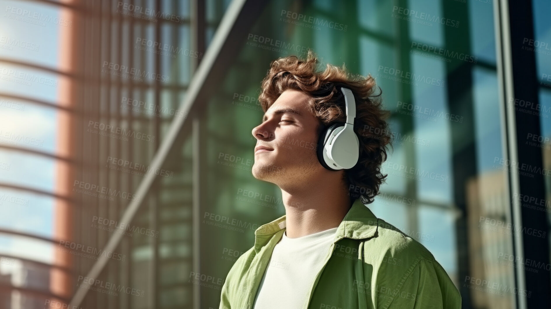 Buy stock photo Young, man and listening to music in city for entertainment, podcast and meditation. Handsome, confident and happy male student with fashion style, headphones and inspiration radio song on urban walk