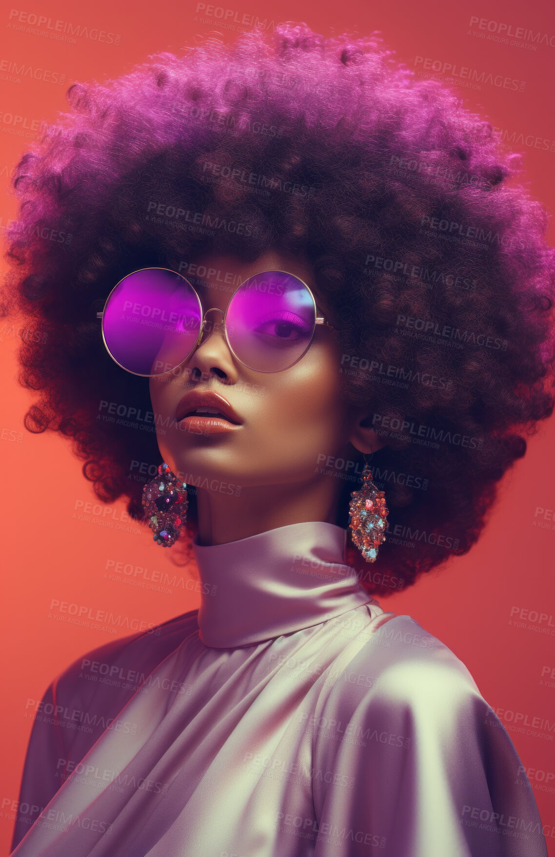 Buy stock photo Black woman, musician and portrait of a jazz or soul music singer in a photography studio. Afro, African or confident female with curly hair for beauty, disco or 70's style fashion for background