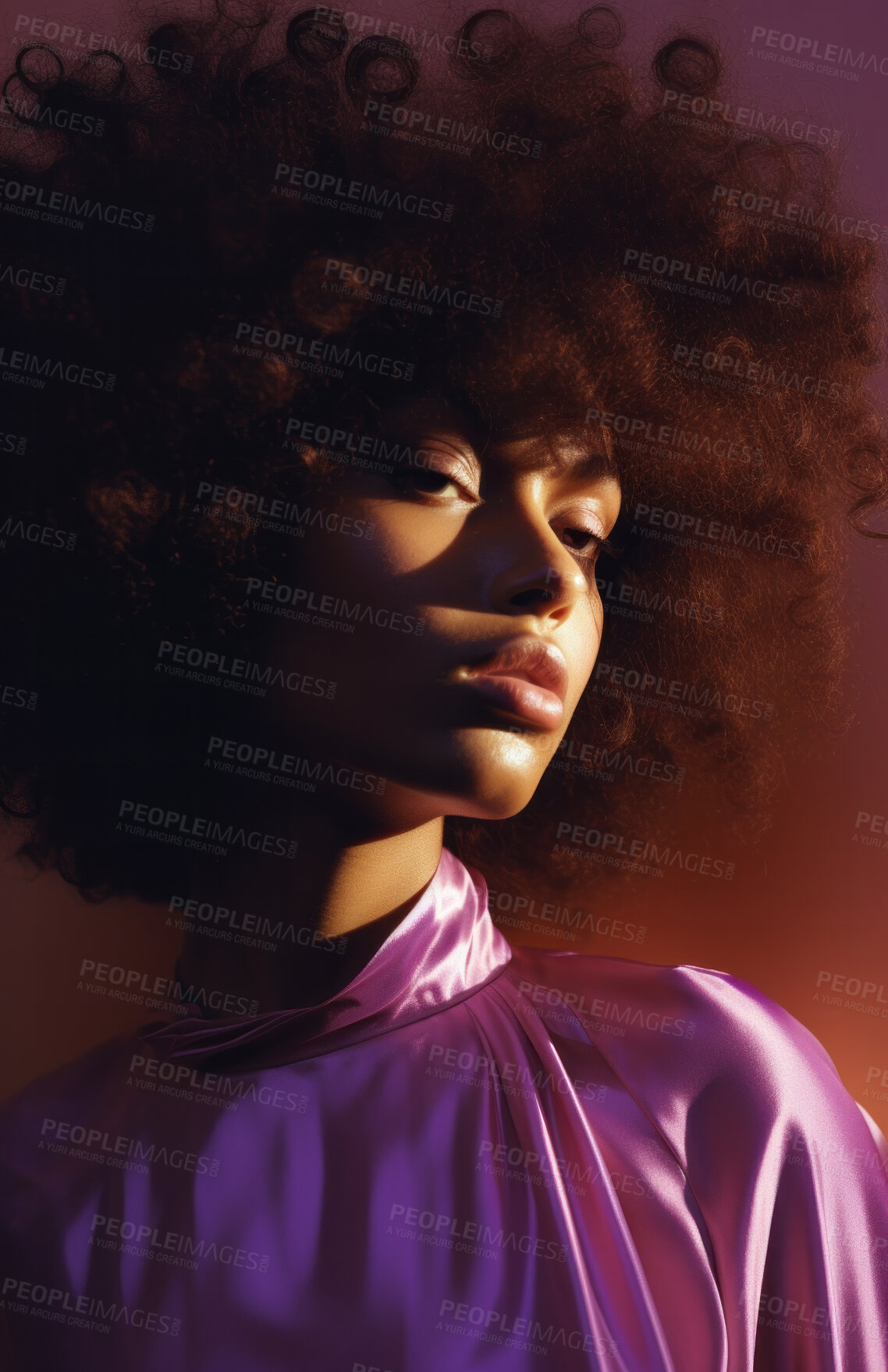 Buy stock photo Black woman, musician and portrait of a jazz or soul music singer in a photography studio. Afro, African or confident female with curly hair for beauty, disco or 70's style fashion for background