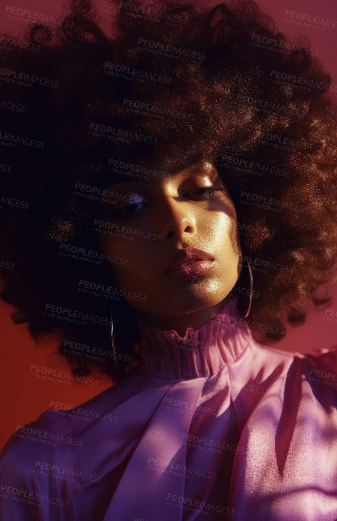 Buy stock photo Black woman, musician and portrait of a jazz or soul music singer in a photography studio. Afro, African or confident female with curly hair for beauty, disco or 70's style fashion for background