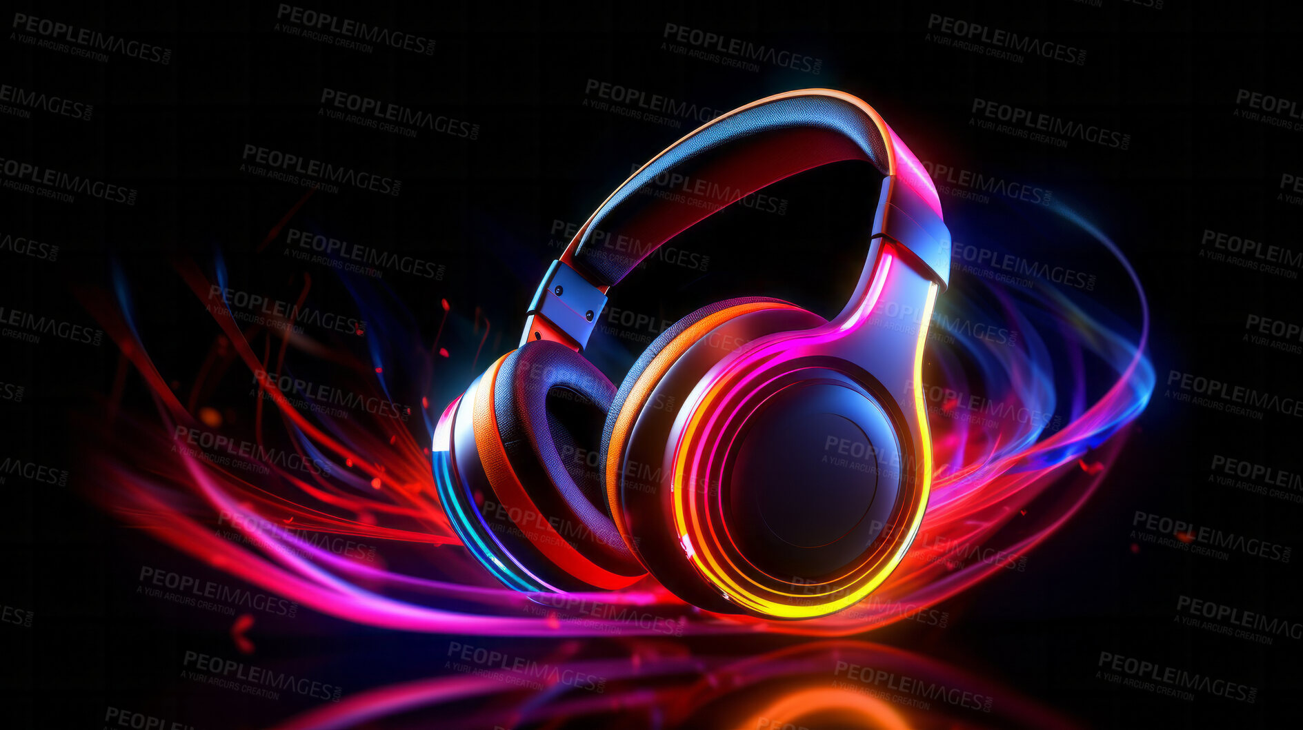 Buy stock photo Creative, headphones and abstract sound wave flow with mockup for music, audio or entertainment. Colourful, vibrant and illustration for wallpaper, design and radio artwork on a black background