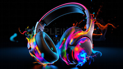 Creative, headphones and abstract sound wave flow with mockup for music, audio or entertainment. Colourful, vibrant and illustration for wallpaper, design and radio artwork on a black background