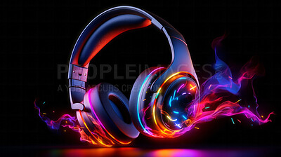 Creative, headphones and abstract sound wave flow with mockup for music, audio or entertainment. Colourful, vibrant and illustration for wallpaper, design and radio artwork on a black background