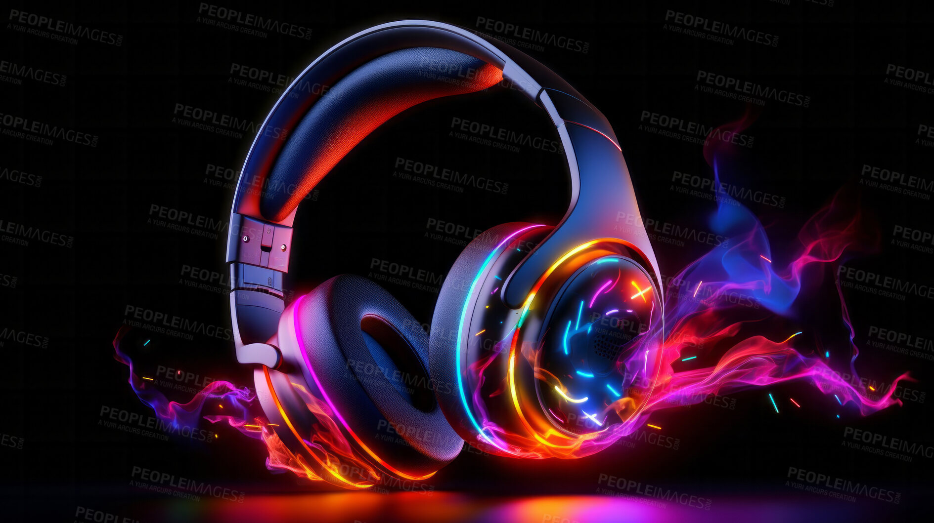 Buy stock photo Creative, headphones and abstract sound wave flow with mockup for music, audio or entertainment. Colourful, vibrant and illustration for wallpaper, design and radio artwork on a black background