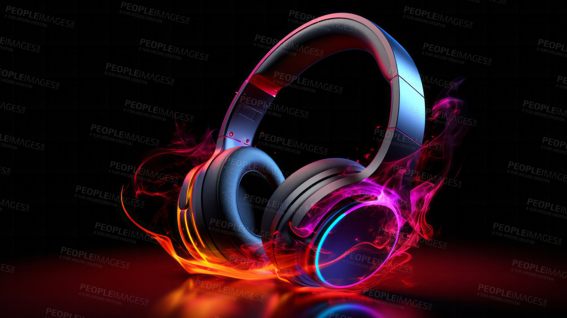 Buy stock photo Creative, headphones and abstract sound wave flow with mockup for music, audio or entertainment. Colourful, vibrant and illustration for wallpaper, design and radio artwork on a black background