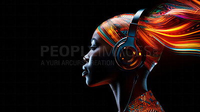 Woman, headphones and abstract sound wave flow with mockup for music, audio or entertainment on a black background. African American, ethnic and confident portrait of female with colourful artwork