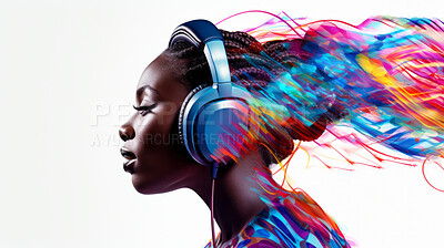 Woman, headphones and abstract sound wave flow with mockup for music, audio or entertainment on a white background. African American, ethnic and confident portrait of female with colourful artwork