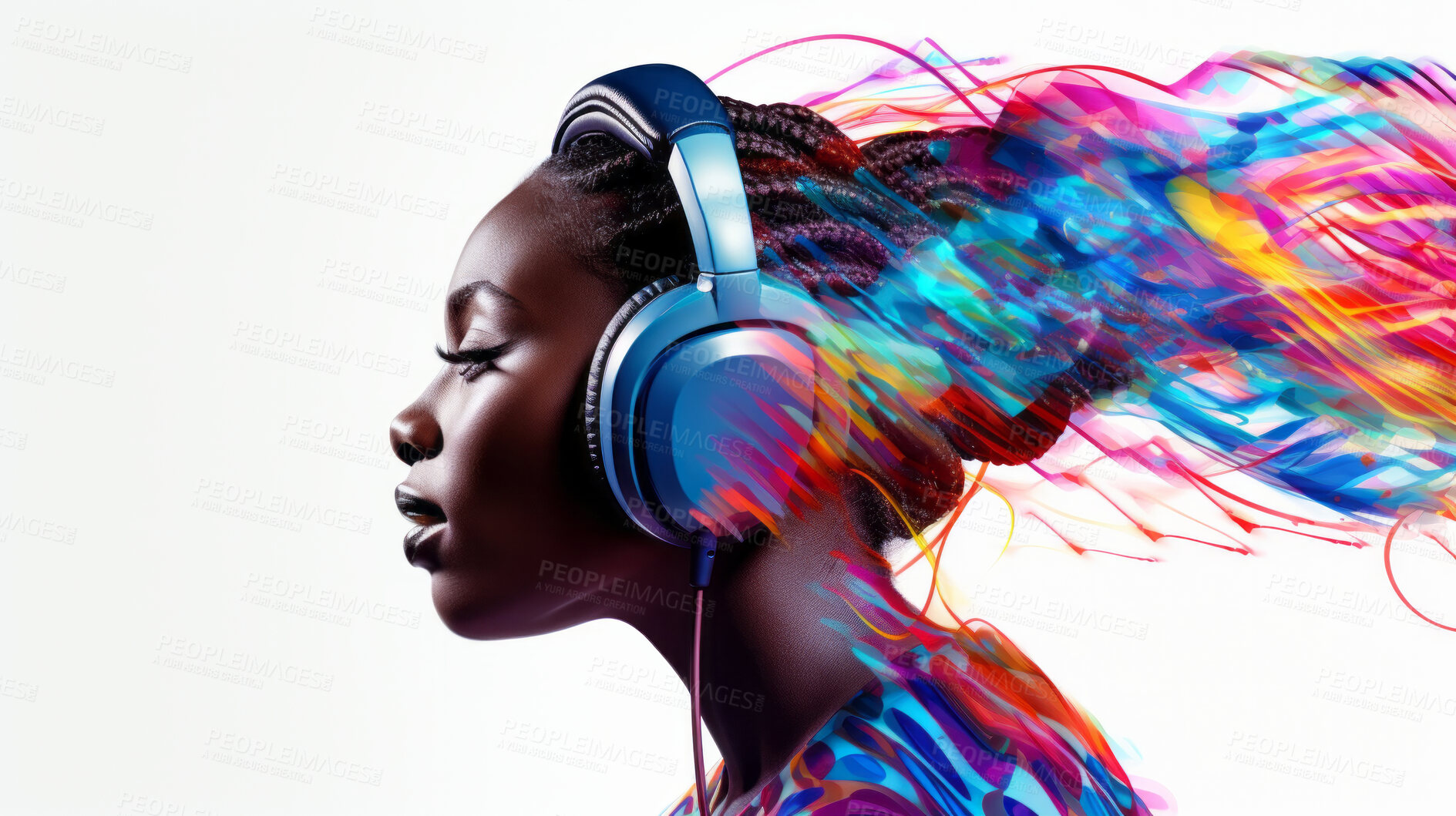 Buy stock photo Woman, headphones and abstract sound wave flow with mockup for music, audio or entertainment on a white background. African American, ethnic and confident portrait of female with colourful artwork