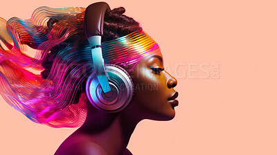 Woman, headphones and abstract sound wave flow with mockup for music, audio or entertainment on a peach background. African American, ethnic and confident portrait of female with colourful artwork