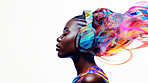 Woman, headphones and abstract sound wave flow with mockup for music, audio or entertainment on a white background. African American, ethnic and confident portrait of female with colourful artwork