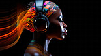 Woman, headphones and abstract sound wave flow with mockup for music, audio or entertainment on a black background. African American, ethnic and confident portrait of female with colourful artwork