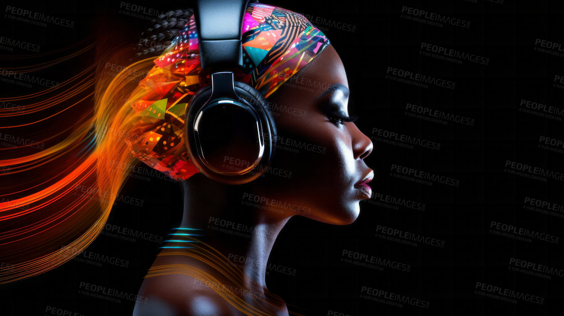 Buy stock photo Woman, headphones and abstract sound wave flow with mockup for music, audio or entertainment on a black background. African American, ethnic and confident portrait of female with colourful artwork