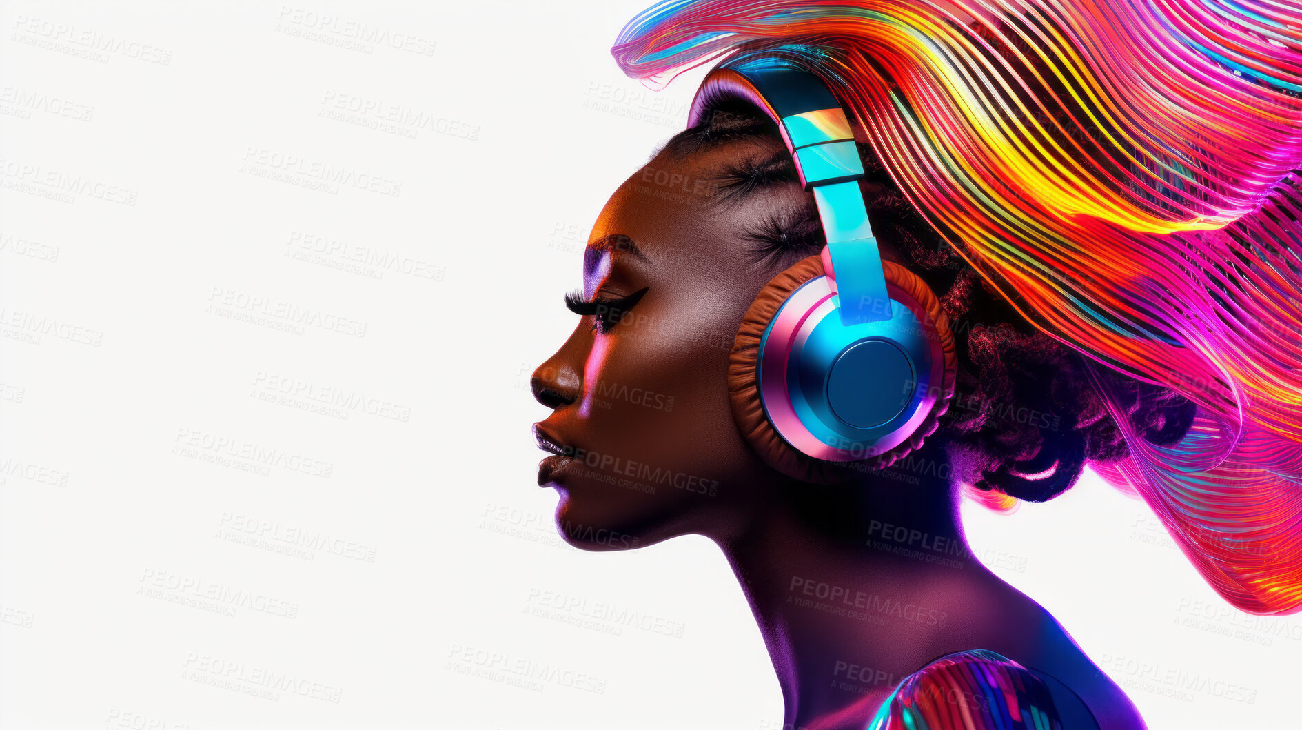 Buy stock photo Woman, headphones and abstract sound wave flow with mockup for music, audio or entertainment on a white background. African American, ethnic and confident portrait of female with colourful artwork