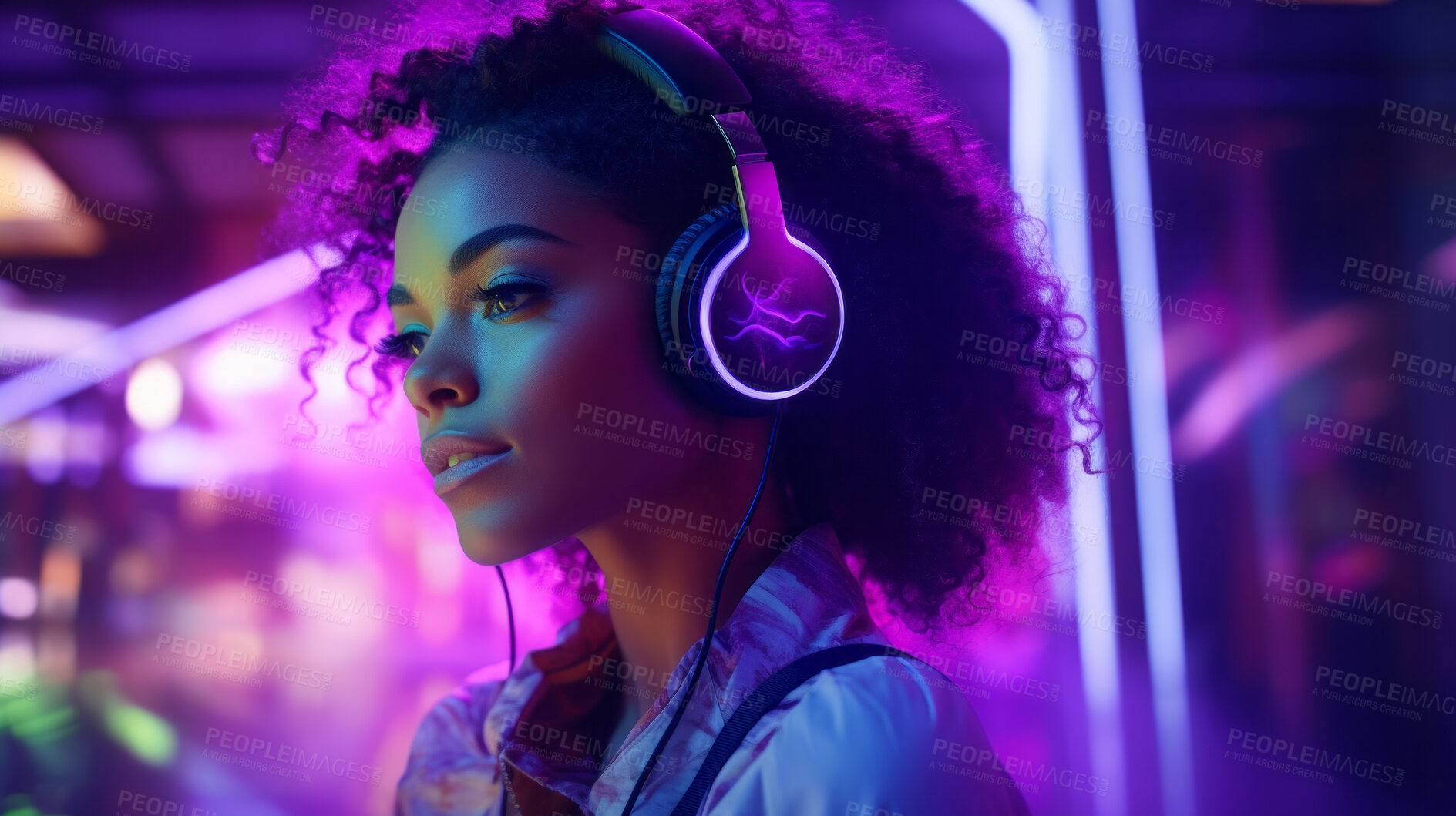 Buy stock photo Young woman, headphones or listening to music at festival, dj and metaverse. Confident, youth or female in a club, trance party or virtual reality with neon yellow lights background for online gaming