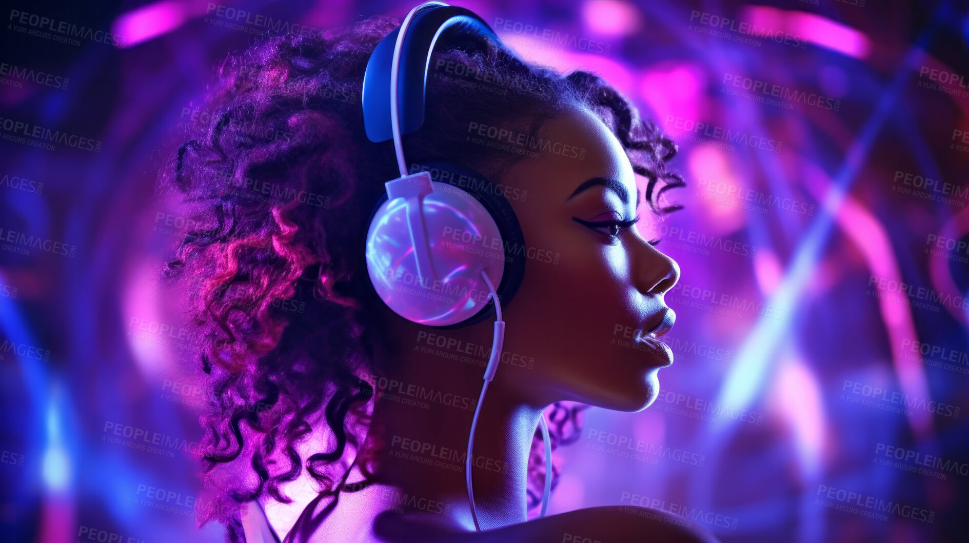 Buy stock photo Young woman, headphones or listening to music at festival, dj and metaverse. Confident, youth or female in a club, trance party or virtual reality with neon yellow lights background for online gaming