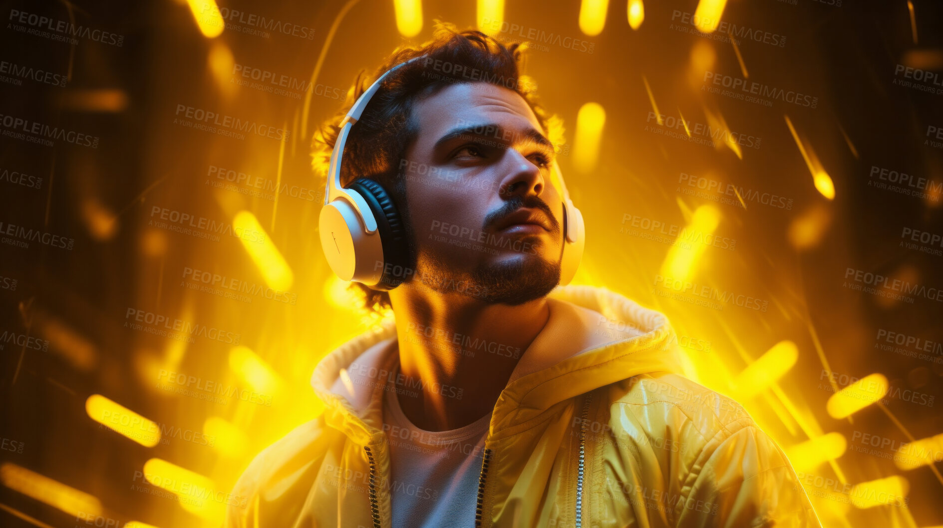 Buy stock photo Man, headphones or listening to music at festival, dj or metaverse. Confident, youth and person in club, trance party or virtual reality on neon yellow lights background, cyberpunk or online gaming