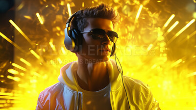 Man, headphones or listening to music at festival, dj or metaverse. Confident, youth and person in club, trance party or virtual reality on neon yellow lights background, cyberpunk or online gaming