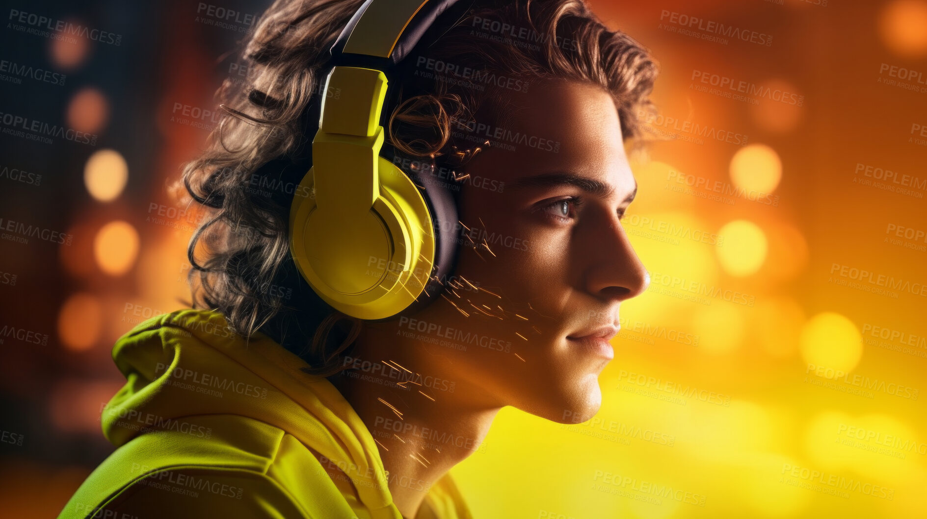 Buy stock photo Man, headphones or listening to music at festival, dj or metaverse. Confident, youth and person in club, trance party or virtual reality on neon yellow lights background, cyberpunk or online gaming