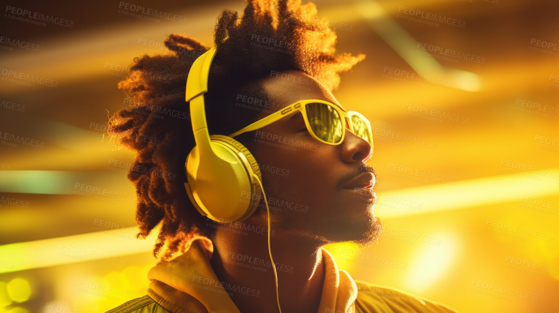 Buy stock photo Man, headphones or listening to music at festival, dj or metaverse. Confident, youth and person in club, trance party or virtual reality on neon yellow lights background, cyberpunk or online gaming