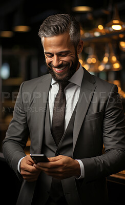 Business man, suit and phone for social media app, internet and website on restaurant background mockup. Face, smile and happy gen z person with mobile technology for influencer blog post in bar
