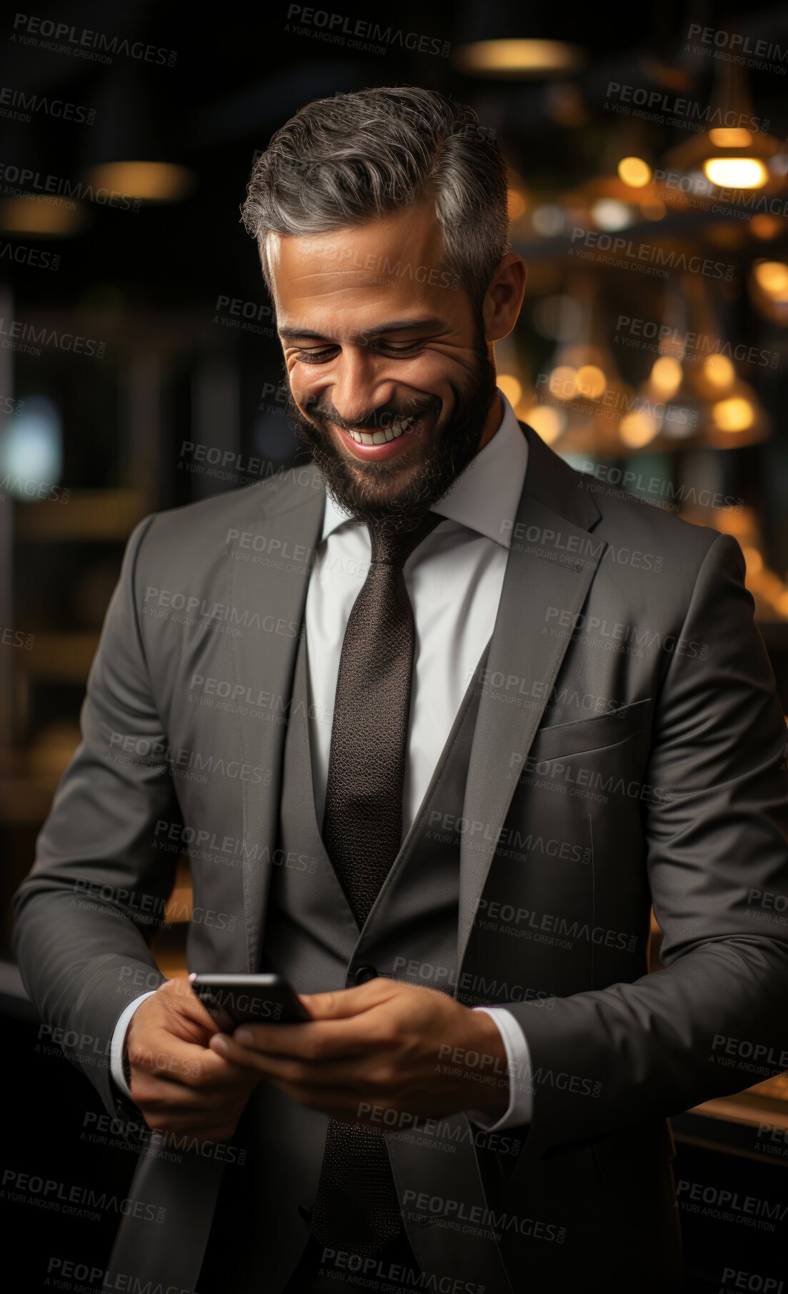 Buy stock photo Business man, suit and phone for social media app, internet and website on restaurant background mockup. Face, smile and happy gen z person with mobile technology for influencer blog post in bar