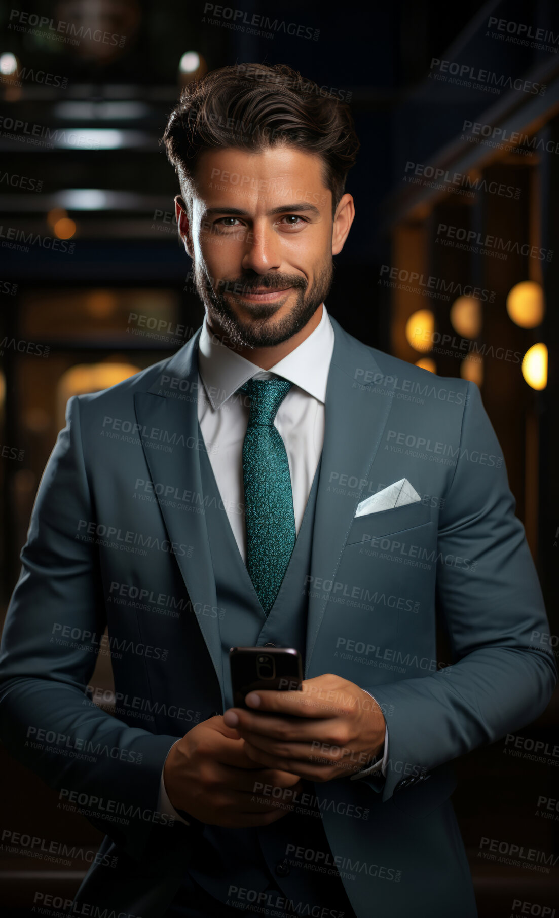 Buy stock photo Business man, portrait and phone for social media app, internet and website on restaurant background mockup. Face, smile and happy gen z person with mobile technology for influencer blog post in bar