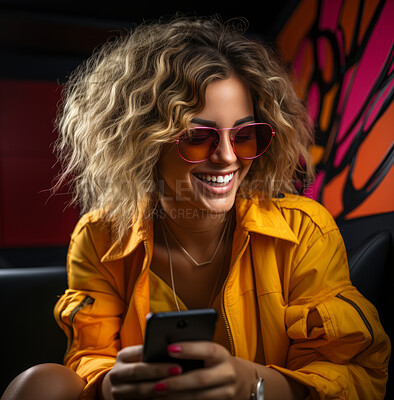 Young woman, portrait and phone for social media app, internet and website on vibrant background mockup. Face, smile and happy gen z person with mobile technology for influencer blog post in studio