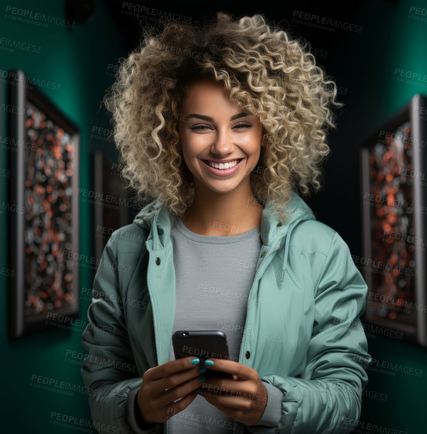 Buy stock photo Mixed race woman, portrait and phone for social media app, internet and website on vibrant background mockup. Face, smile and happy gen z person with mobile technology for influencer blog post in studio