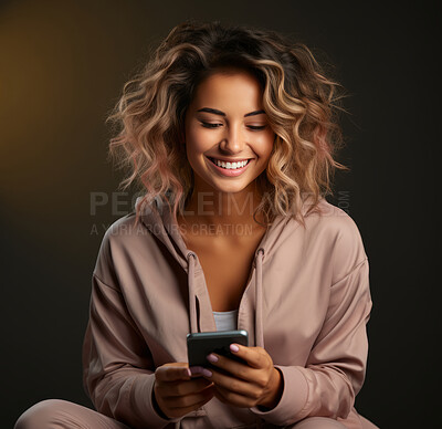 Young woman, portrait and phone for social media app, internet and website on gradient background mockup. Face, smile and happy gen z person with mobile technology for influencer blog post in studio