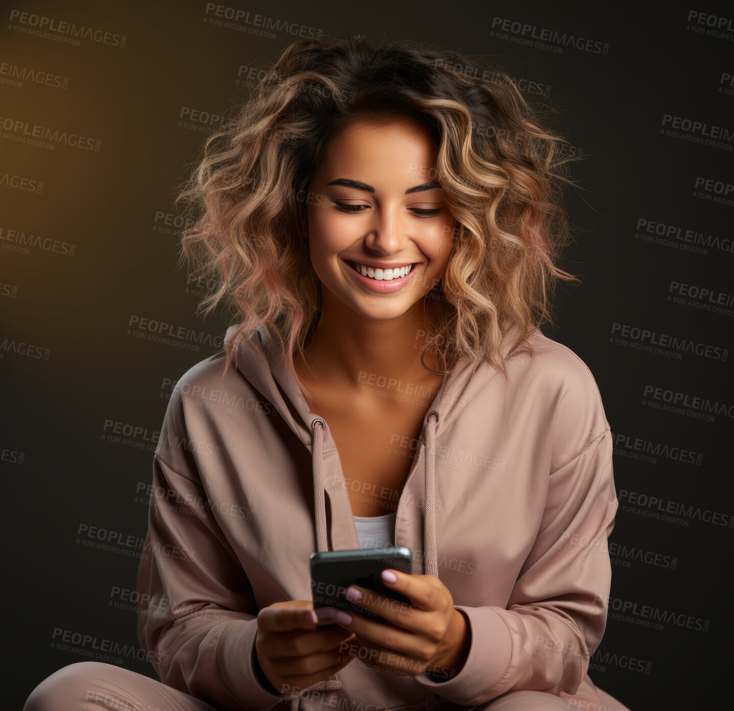 Buy stock photo Young woman, portrait and phone for social media app, internet and website on gradient background mockup. Face, smile and happy gen z person with mobile technology for influencer blog post in studio