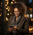 Mixed race woman, portrait and phone for social media app, internet and website on dark background mockup. Face, smile and happy gen z person with mobile technology for influencer blog post in cafe