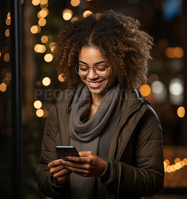 Mixed race woman, portrait and phone for social media app, internet and website on dark background mockup. Face, smile and happy gen z person with mobile technology for influencer blog post in cafe