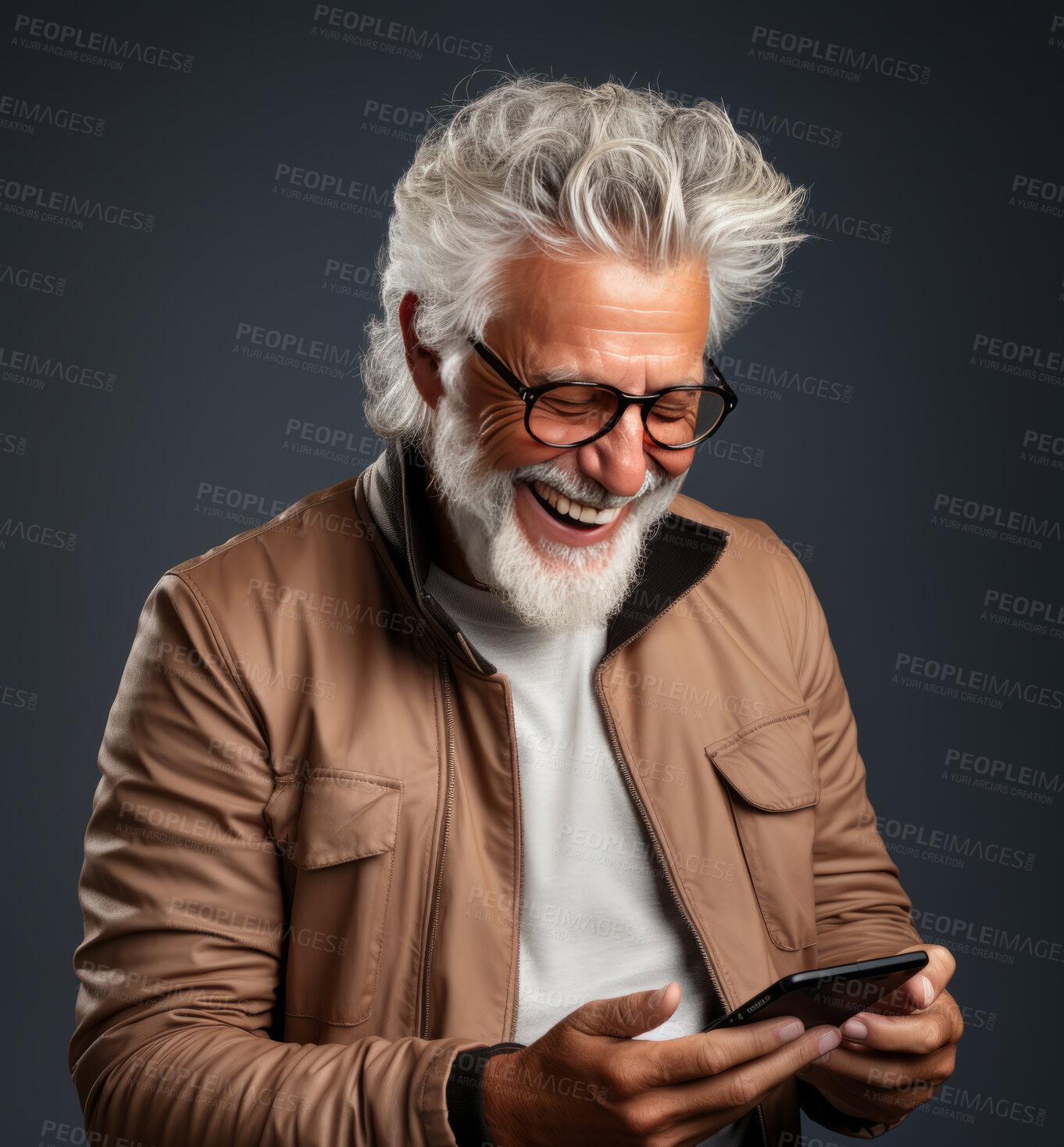 Buy stock photo Senior man, casual business wear and phone for social media app, internet and website on grey background mockup. Face, smile and happy pensioner with mobile technology for influencer blog post in studio