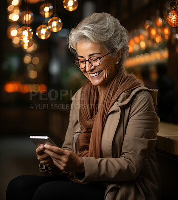 Senior woman, casual business wear and phone for social media app, internet and website on cafe background mockup. Face, smile and happy pensioner with mobile technology for influencer blog post in restaurant