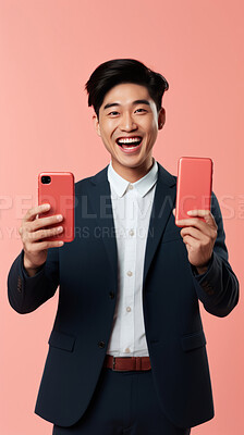 Buy stock photo Asian man, portrait and phones for social media app, internet and website on vibrant background mockup. Face, smile and happy gen z person with mobile technology for influencer blog post in studio