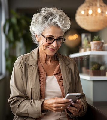 Senior woman, casual business wear and phone for social media app, internet and website on cafe background mockup. Face, smile and happy pensioner with mobile technology for influencer blog post in coffee shop