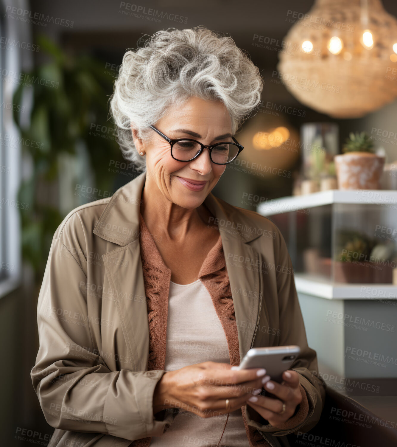 Buy stock photo Senior woman, casual business wear and phone for social media app, internet and website on cafe background mockup. Face, smile and happy pensioner with mobile technology for influencer blog post in coffee shop