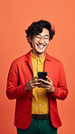 Asian man, portrait and phone for social media app, internet and website on vibrant background mockup. Face, smile and happy gen z person with mobile technology for influencer blog post in studio