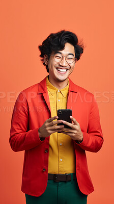 Asian man, portrait and phone for social media app, internet and website on vibrant background mockup. Face, smile and happy gen z person with mobile technology for influencer blog post in studio