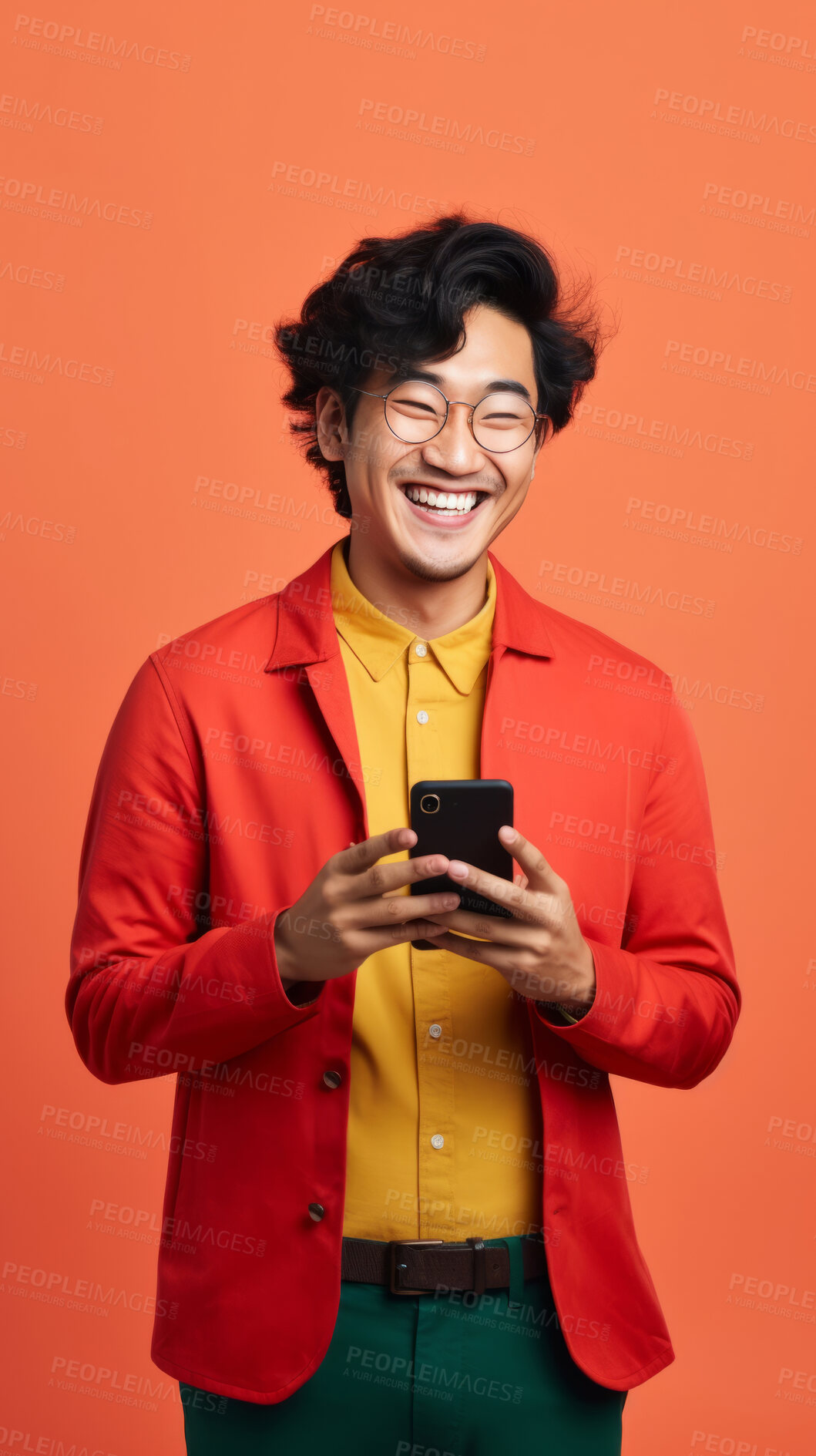 Buy stock photo Asian man, portrait and phone for social media app, internet and website on vibrant background mockup. Face, smile and happy gen z person with mobile technology for influencer blog post in studio